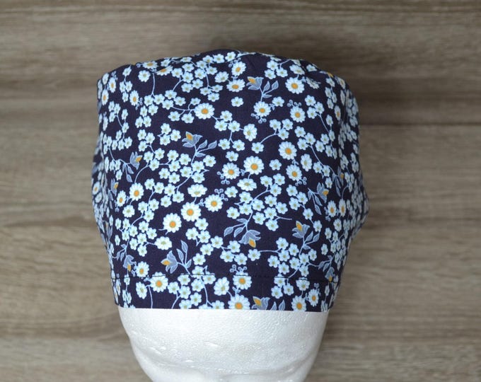 Surgical cap flower, scrub cap, bandana, cosmetic cap, chef's hat, scrub cap, surgical caps, blue with flowers, floral surgical cap, handmade