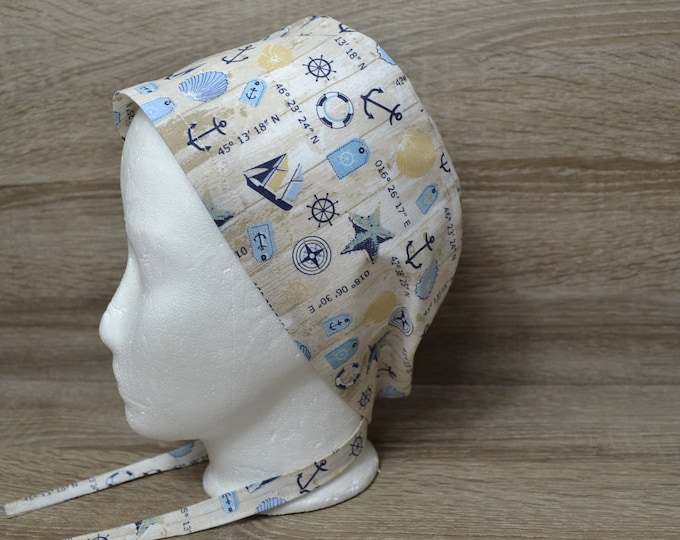 Surgical cap anchor terry cloth band, scrub cap, chef's cap, bandana, peeling cap, cosmetic cap, surgical caps, beige maritime motifs, handmade