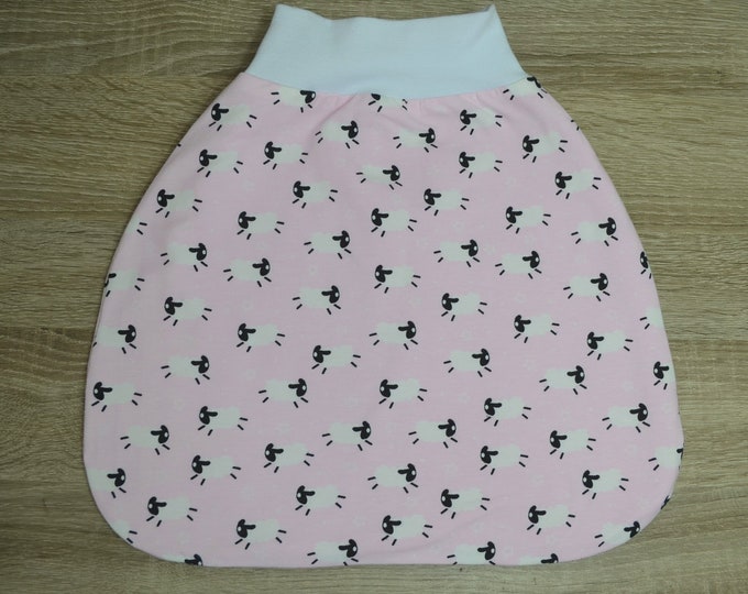 Romper bag size. 60, swaddle bag warmly lined, size. 50-68 with elastic cuffs to grow with, sleeping bag, pink with sheep,