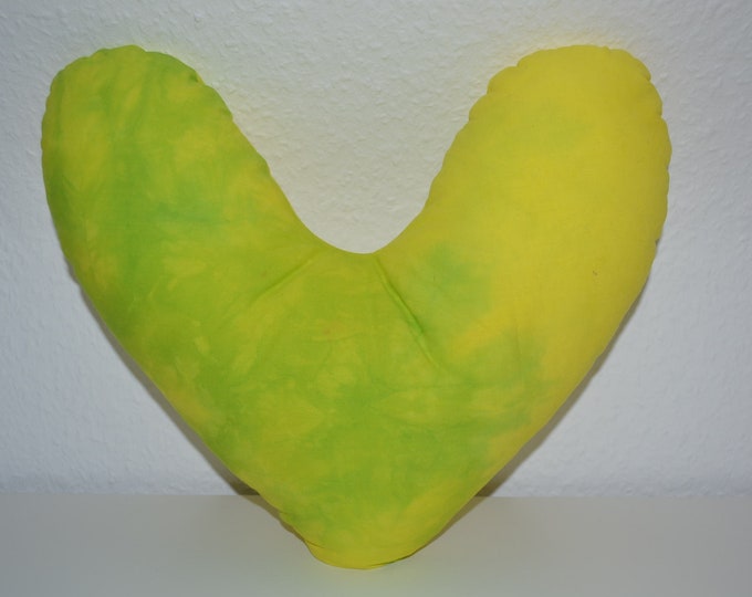 Heart pillow tie-dyed yellow green, breast heart pillow, mastectomy pillow, forearm pillow, breast surgery pillow, batik pillow, handmade