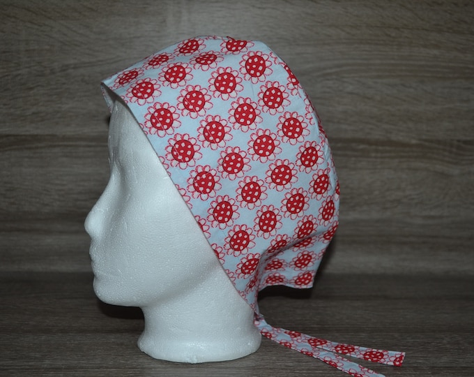 Surgical cap flowers with terry cloth bandana, scrub cap, cosmetic cap, chef's cap, light blue with red flowers, handmade