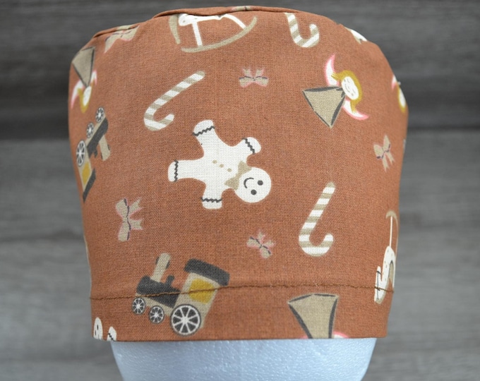 Gingerbread Man Surgical Cap, Scrub Cap, Bandana, Cosmetic Cap, Peeling Cap, Chef's Hat, Brown with Gingerbread, Christmas Surgical Caps, Handmade