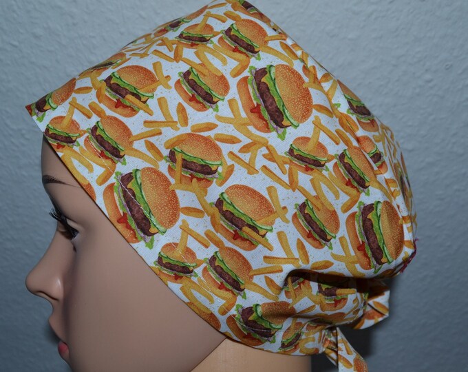 Surgical cap hamburger, scrub cap, cosmetic cap, cooking cap, bandana, peeling cap, surgical caps, beige with burger and fries