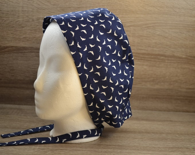 Surgical cap dolphin with terry cloth band, scrub cap, bandana, cosmetic cap, chef's cap, peeling cap, dark blue maritime with dolphins, handmade