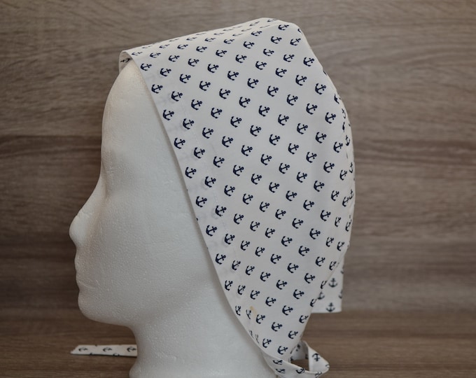 Surgical cap anchor with terry cloth band, scrub cap, bandana, peeling cap, chef's cap, cosmetic cap, surgical caps, white with anchors, handmade