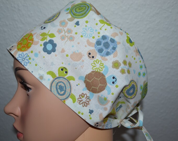 Surgical cap turtle terry cloth band, scrub cap, cosmetic cap, bandana, peeling cap, cooking cap, skull, beige with turtles, handmade