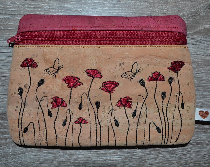 Cosmetic bag made of cork with poppies, cosmetic bag, make-up bag, odds and ends bag, medication bag, emergency bag,