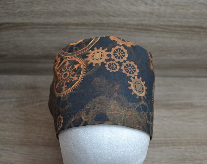 Surgical cap steampunk terry cloth band, scrub cap, bandana, cosmetic cap, chef's hat, peeling cap, surgical caps, brown with clockwork, handmade