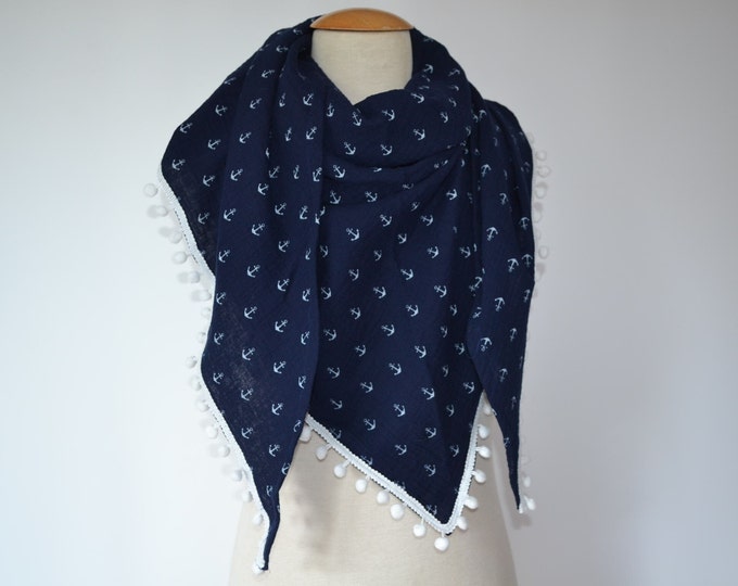 Triangular scarf XXL Mousselin dark blue with white anchors and pompoms, scarf XXL, giant scarf XXL, cotton cloth, Mother's Day, scarf triangular