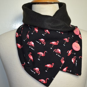 Button loop flamingo, button loops, loops, scarf, cotton jersey and black fleece, flamingo loop, wrap scarf, wrap loop, handmade