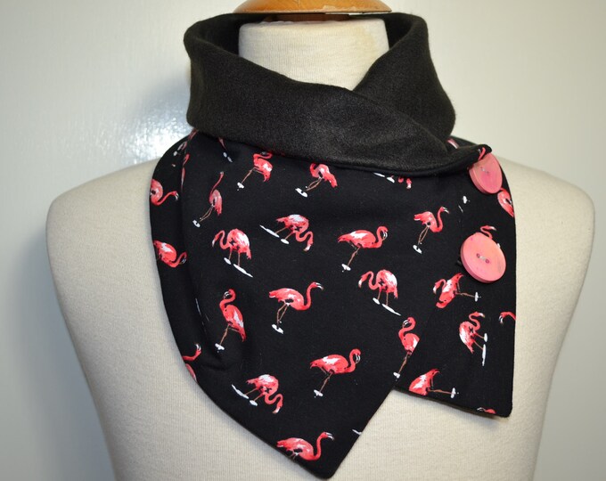 Button loop flamingo, button loops, loops, scarf, cotton jersey and black fleece, flamingo loop, wrap scarf, wrap loop, handmade