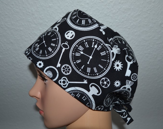 Surgical cap watch terry band, scrub cap, bandana, cosmetic cap, chef's hat, scrub cap, surgical caps, black with pocket watch, handmade