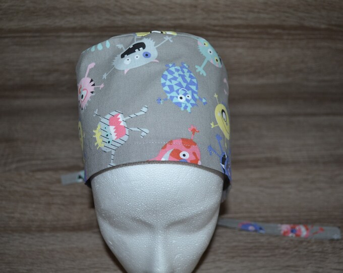 Surgical cap virus with terry band, bandana, chef's hat, cosmetic cap, hood, peeling cap, chef's cap, gray with viruses, handmade