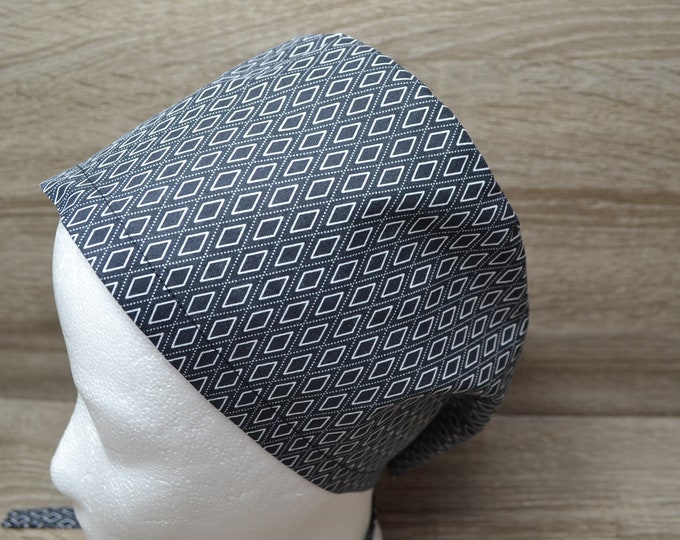 Surgical hood with terry cloth strap, scrub cap, bandana, peeling cap, cooking hood, black with white diamonds, handmade