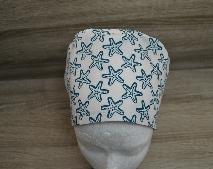 Surgical cap starfish, scrub cap, bandana, cosmetic cap, chef's hat, peeling cap, surgical caps, beige with starfish maritime, handmade