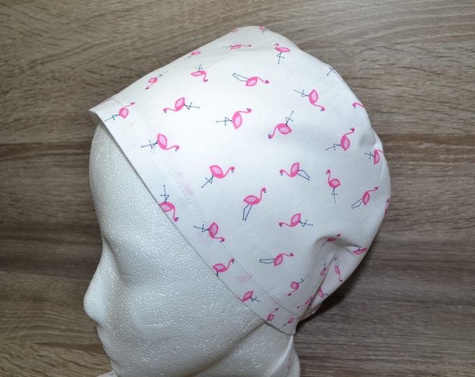 Surgical cap flamingo terry cloth band, scrub cap, chef's cap, bandana, peeling cap, cosmetic cap, surgical caps, white with flamingos, handmade