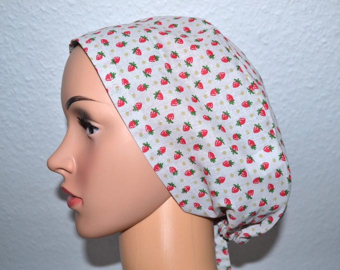XL surgical caps with terry cloth band, strawberry for long hair, scrub cap, bandana, peeling cap, cosmetic cap, chef's cap, beige with strawberries, XL cap