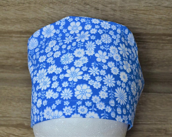 Surgical cap flowers terry cloth band, scrub cap, chef's cap, bandana, peeling cap, cosmetic cap, surgical caps, blue with flowers, handmade