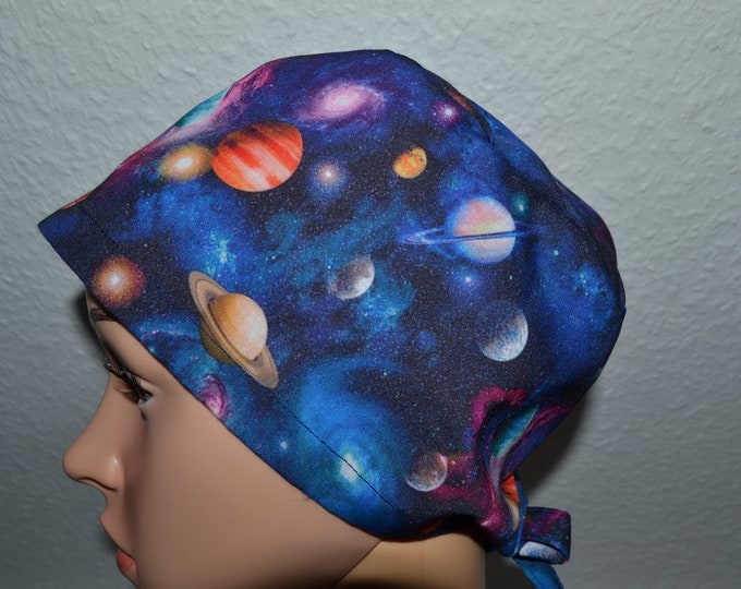 Surgical cap planet, scrub cap, bandana, cosmetic cap, peeling cap, chef's hat, surgical cap, blue with planets space, handmade