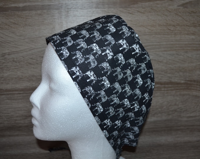 Surgical cap elephant terry cloth band, scrub cap, cosmetic cap, chef's cap, bandana, peeling cap, surgical caps, black with elephants, handmade