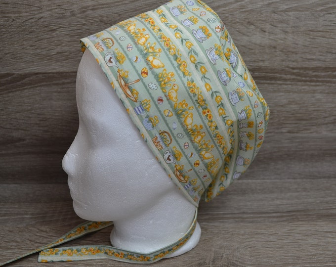 Surgical cap chicken with terry cloth band, scrub cap, bandana, peeling cap, chef's cap, cosmetic cap, surgical caps, lime green with Easter motif, handmade