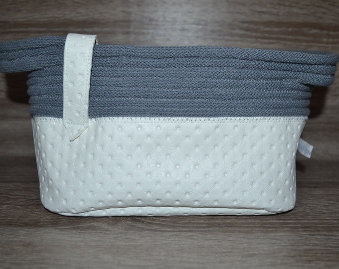 Utensilo made of white faux leather and gray cotton cord, faux leather utensil, utensilo plain white gray 20x14x13 cm, storage basket,