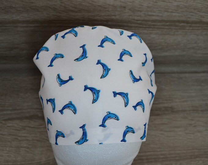 Surgical cap dolphin with terry cloth bandana, cosmetic cap, chef's cap, peeling cap, white with dolphins, handmade