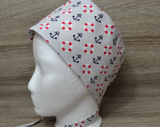 Surgical cap anchor terry cloth band, scrub cap, cooking cap, bandana, peeling cap, cosmetic cap, surgical cap, grey with anchors sea, handmade