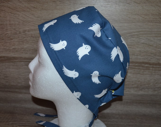 Surgical cap ghost with terry cloth band, scrub cap, bandana, peeling cap, chef's cap, cosmetic cap, surgical caps, blue with ghosts, handmade