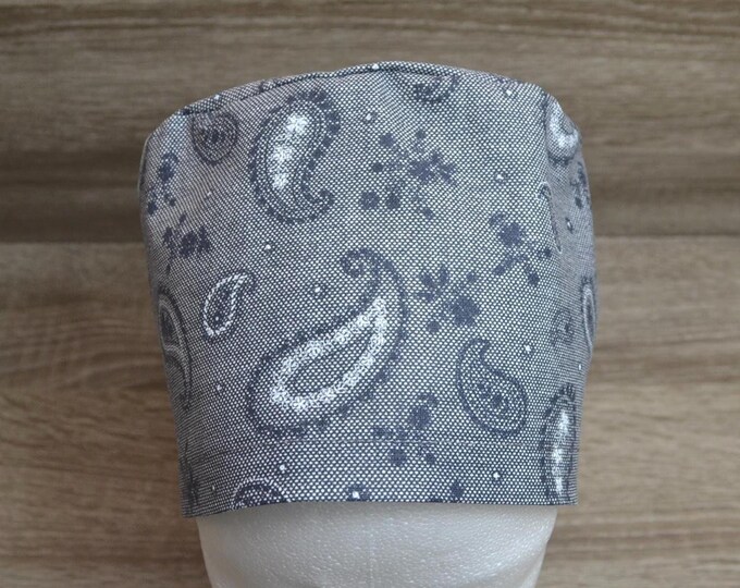 Surgical cap Paisley terry cloth band, scrub cap, bandana, scrub cap, chef's cap, paisley in shades of grey, grey surgical caps, handmade