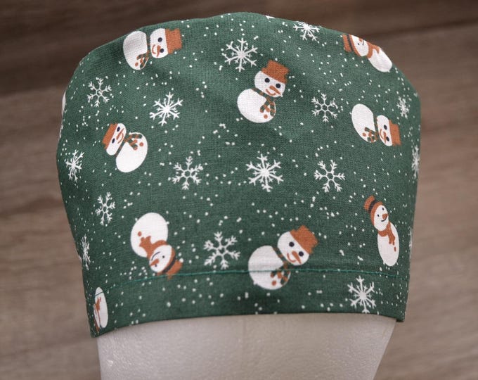 Surgical cap with snowman design, scrub cap, bandana, cosmetic cap, peeling cap, chef's hat, green with snowmen, Christmas surgical caps, handmade