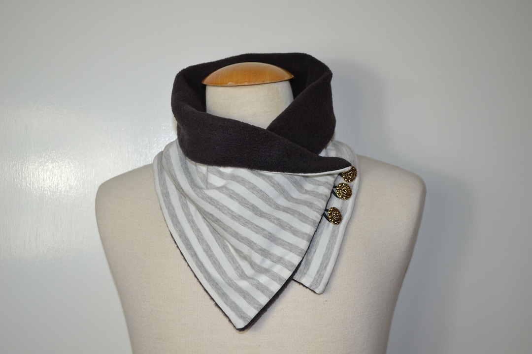 Striped Button Loop Scarf, Button Loops, Loops, Scarf, Beige and Grey ...