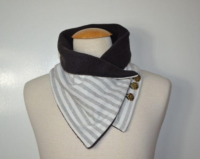 Button loop striped, button loops, loops, scarf, cotton jersey beige gray striped and gray fleece, wrap scarf, wrap loop, handmade