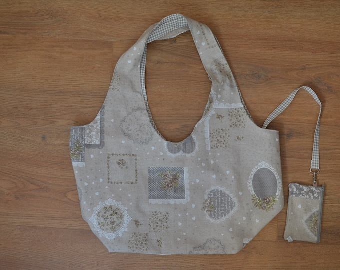 Cloth bag XL with extra bag, shopping bag, beige with grey patchwork roses and texts, handmade