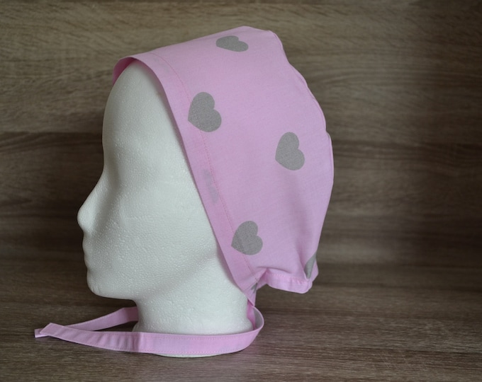 Surgical cap heart, scrub cap, bandana, cosmetic cap, chef's hat, peeling cap, surgical cap heart, pink with gray heart, handmade