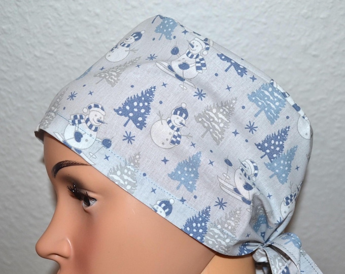 Surgical cap with snowman design, terry cloth band, scrub cap, bandana, cosmetic cap, chef's hat, light blue with Christmas tree/snowman, Christmas surgical caps