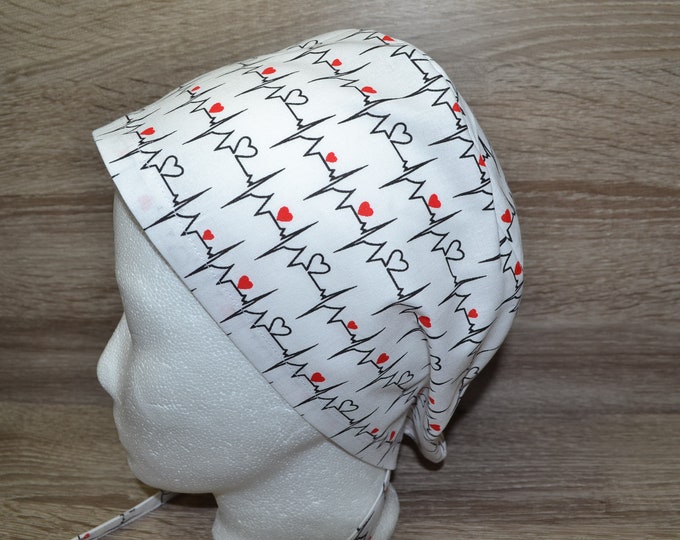 Surgical cap EKG with terry cloth band, scrub cap, bandana, peeling cap, chef's cap, cosmetic cap, surgical caps, white with heartbeat, handmade