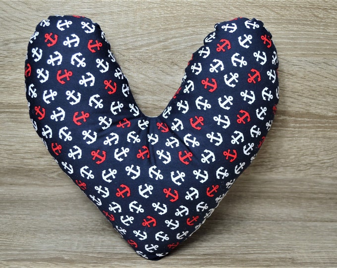 Heart pillow, breast heart pillow, mastectomy pillow, forearm pillow, breast surgery pillow, midnight blue with white and red anchors, handmade