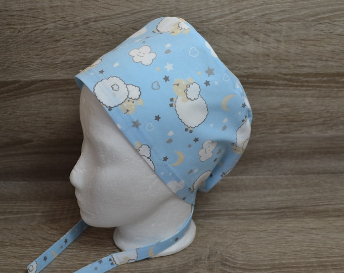 Surgical cap sheep, scrub cap, bandana, cosmetic cap, chef's hat, peeling cap, surgical caps, light blue with sheep, handmade