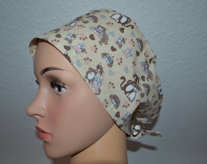 Surgical cap dog & cat, scrub cap, bandana, cosmetic cap, chef's hat, peeling cap, surgical caps, beige with dogs and cats, handmade