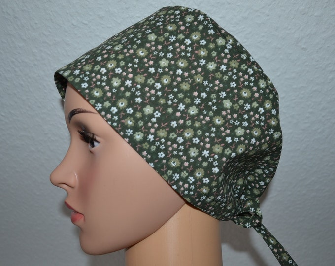 Surgical cap flowers terry cloth band, scrub cap, cosmetic cap, cooking cap, bandana, peeling cap, green with pink/green flowers, handmade