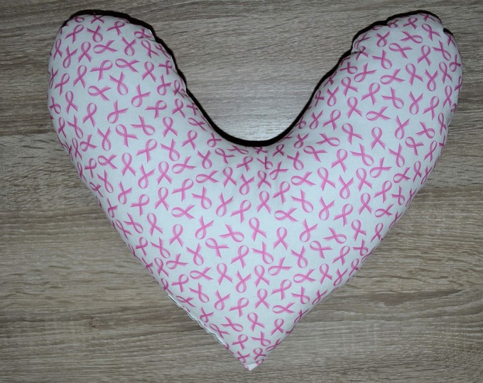 Heart pillow, chest heart pillow, mastectomy pillow, forearm pillow, breast surgery pillow, white with pink bows, pink ribbon, handmade