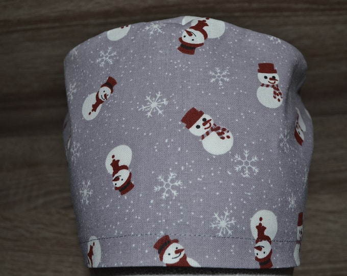 Surgical cap with terry cloth band, scrub cap, bandana, cosmetic cap, exfoliating cap, grey with small snowmen, snowman cap