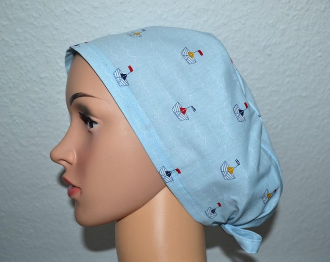 Surgical caps XL boats for long hair, scrub cap, bandana, peeling cap, cosmetic cap, chef's cap, light blue with boats, XL cap maritime