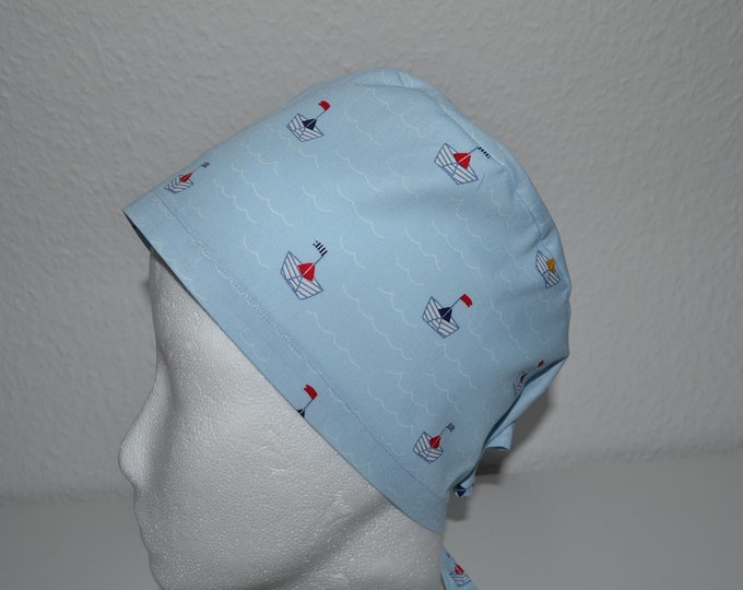 Surgical cap boats, scrub cap, bandana, cosmetic cap, chef's hat, peeling cap, surgical caps, light blue with ships, handmade