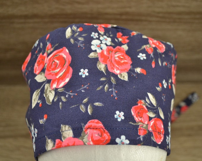 Surgical cap roses, scrub cap, bandana, cosmetic cap, chef's hat, peeling cap, surgical caps, blue with flowers, handmade