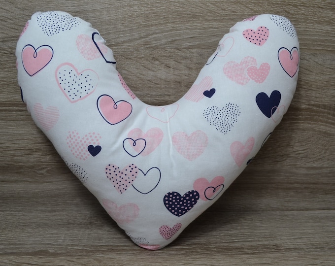 Heart pillow heart, breast heart pillow, mastectomy pillow, forearm pillow, breast surgery pillow, white with pink and blue hearts, handmade