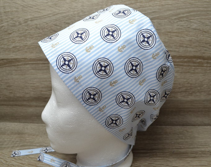 Surgical cap compass terry cloth band, scrub cap, bandana, cosmetic cap, chef's hat, peeling cap, surgical cap skull, blue with wind rose, handmade