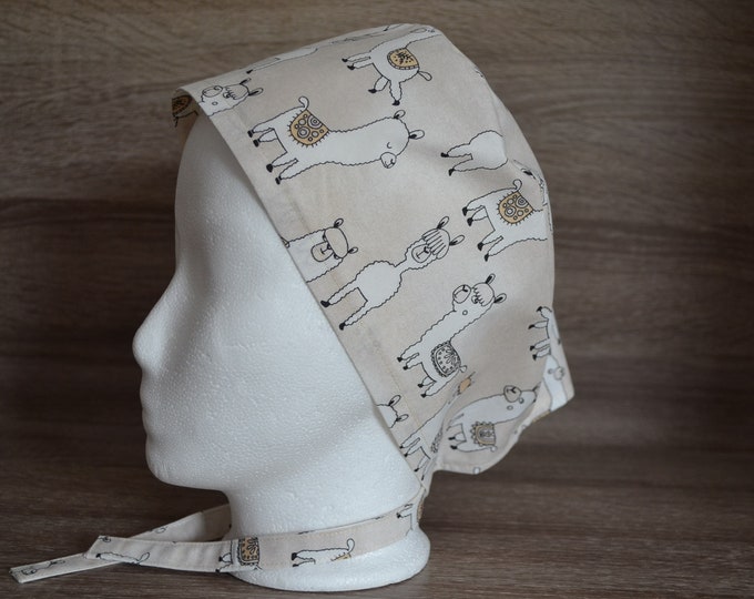 Surgical cap llama terry cloth band, scrub cap, bandana, cosmetic cap, chef's hat, peeling cap, surgical caps, beige with llamas, handmade