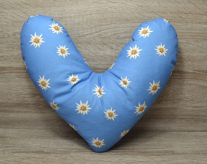 Heart pillow, breast heart pillow, mastectomy pillow, forearm pillow, breast surgery pillow, light blue with edelweiss, handmade